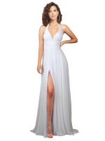 Shop Mila Gowns Adaliya Halter Plunge V-Neckline Chiffon Beach Wedding Dress UK with High Leg Split