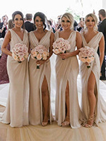 Shop Mila Gowns Carla Chiffon Long Champagne Bridesmaid Dresses UK with Sexy High Slit and Front Ruffles